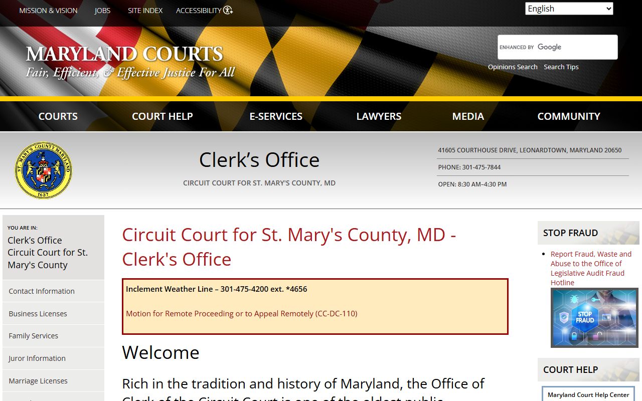 St. Mary's County Circuit Court clerk office family court records