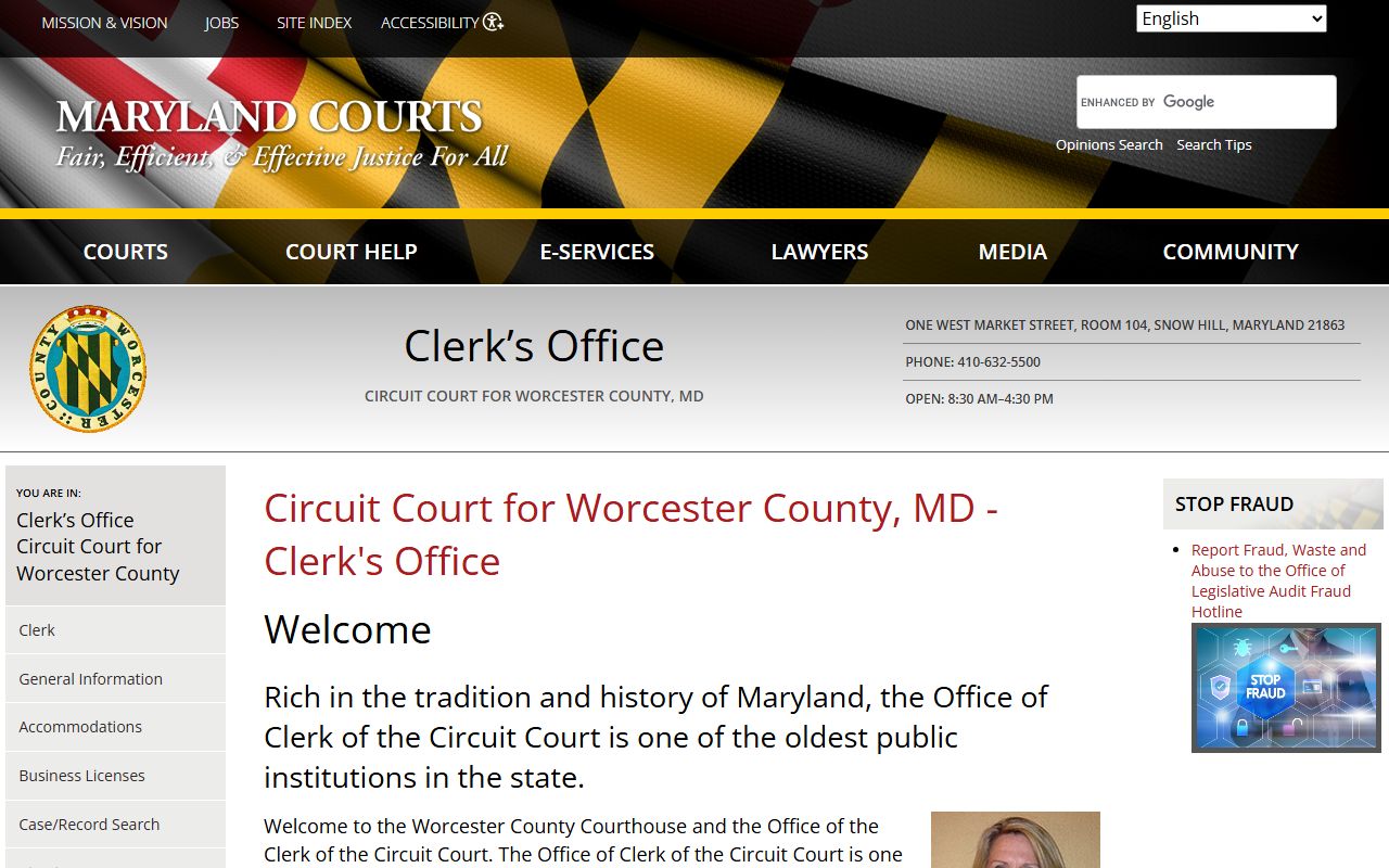 Worcester County clerk office website for family court records