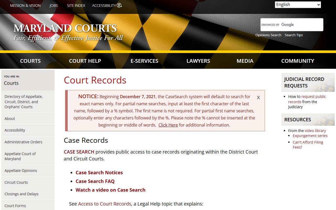Maryland Judiciary court records information page for Maryland family court records