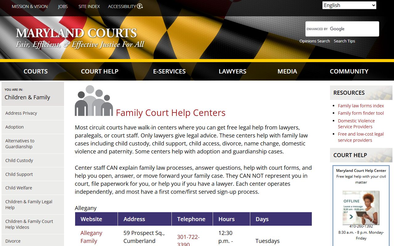 Maryland Judiciary family law help center for Maryland family court records