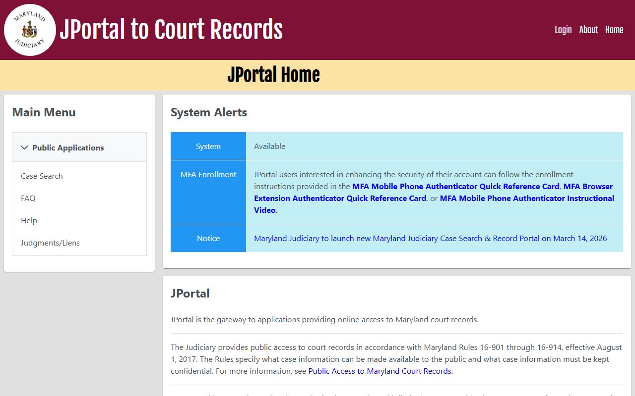 Maryland JPortal for judgment and lien records related to family court cases