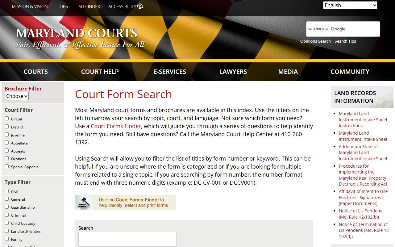 Maryland court forms finder for family court records filings